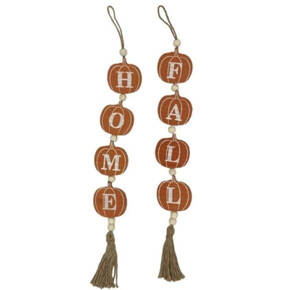 Fall Farmhouse Rustic Wood Orange Pumpkin Bead Garland Tiered Tray Decor
